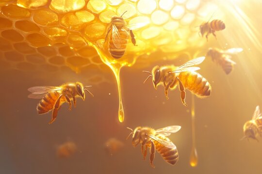 Honey bees working inside a sunlit hive dripping with golden honey