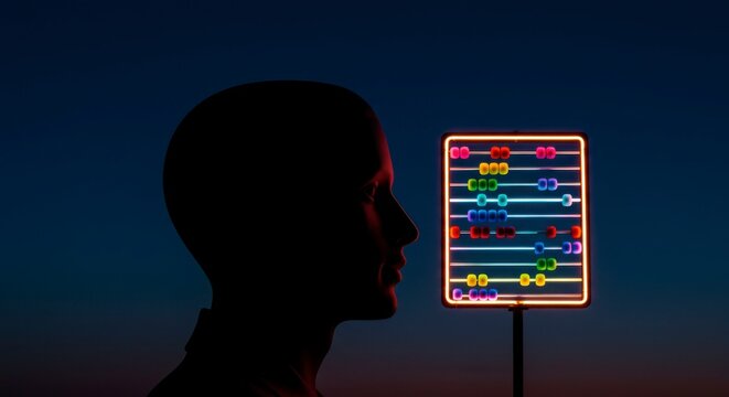 Silhouette of a person facing a neon abacus against a twilight sky
