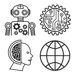 Set of four icons representing technology artificial intelligence and global connectivity