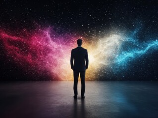 Fototapeta premium Business, Silhouettes digital concept. A silhouette of a man facing a vibrant, starry backdrop filled with colorful light.