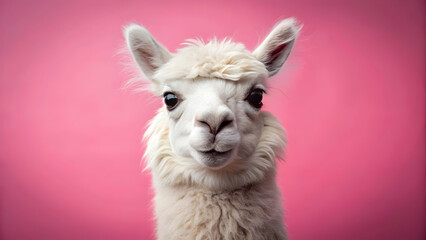 Fototapeta premium Cute alpaca smiling on pink background