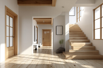 Interior view of a bright hallway with wooden floors and staircase leading to upper level area