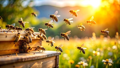 Bees flying around a beehive in a field