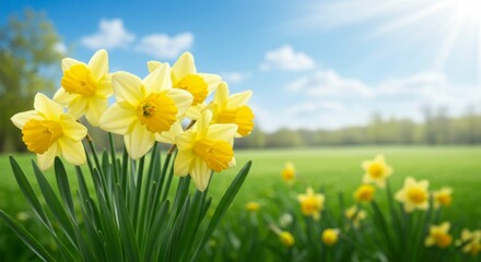 Obraz premium Spring daffodils in a grassy field under a partly cloudy sky
