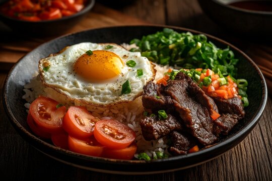 Traditional filipino tapsilog breakfast with garlic fried rice and sunny side egg