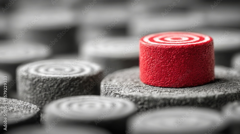 Poster red button on black and white background symbolizing focus and execution path in a professional cont