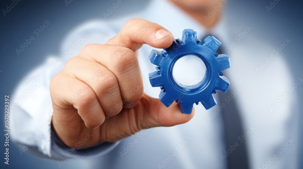 Poster man holding a blue gear symbolizing focus-driven interface in a clean user interface element concept