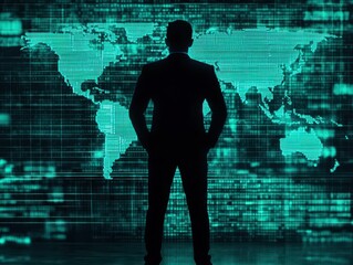 Business, Silhouettes digital concept. Silhouette of a businessman against a digital world map backdrop.