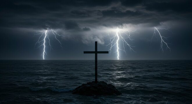 Dark stormy sea with cross