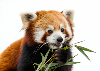 Obraz premium Red panda eating bamboo white background