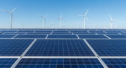 Generating Clean Energy Solar Panel Farm with Wind Turbines in Background