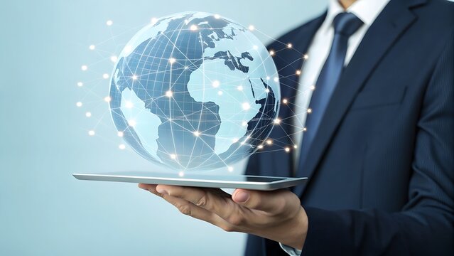 Global connectivity technology: business person holding a digital tablet displaying a connected network globe for international networking.