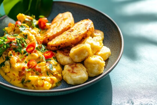 Authentic jamaican breakfast with ackee and saltfish and fried plantains