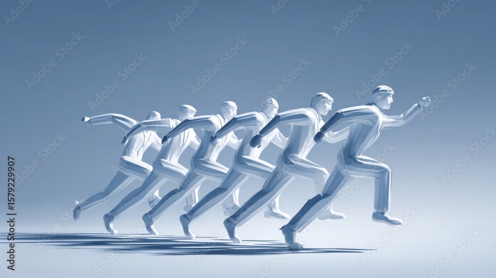 Poster group of people running together in a dynamic representation of high-performance squad and team adva