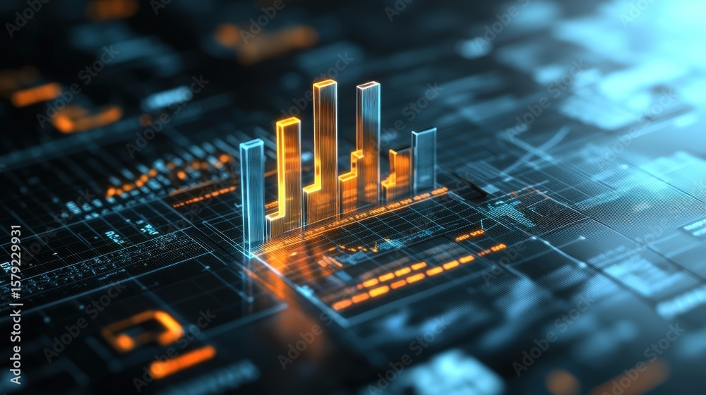 Poster futuristic digital bar graph with vibrant glowing lines and data points on high tech transparent int