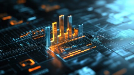 futuristic digital bar graph with vibrant glowing lines and data points on high tech transparent interface