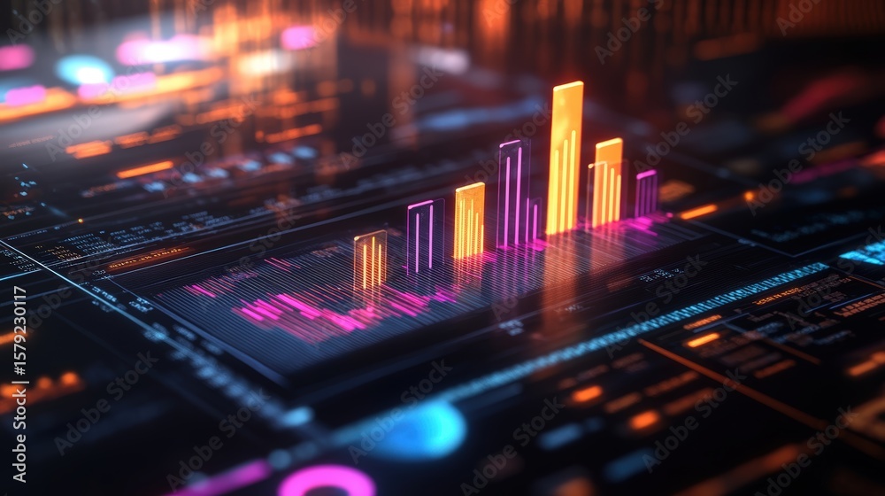 Poster digital data graph with colorful bar charts and neon lines representing technology and analytics vis