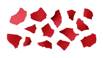 Red torn paper pieces isolated on transparent background with rough edges and texture