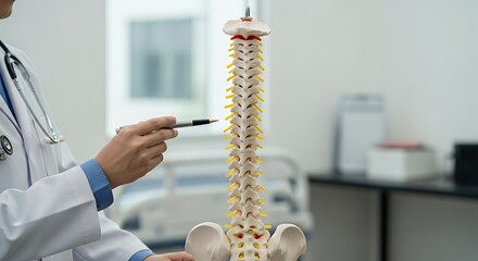 Doctor Explaining Spinal Anatomy Using a Model in a Clinic