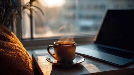morning coffee and laptop during virtual client presentation