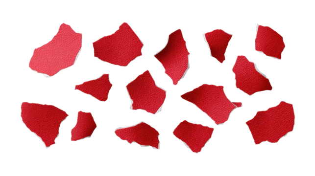 Red torn paper pieces isolated on transparent background with rough edges and texture