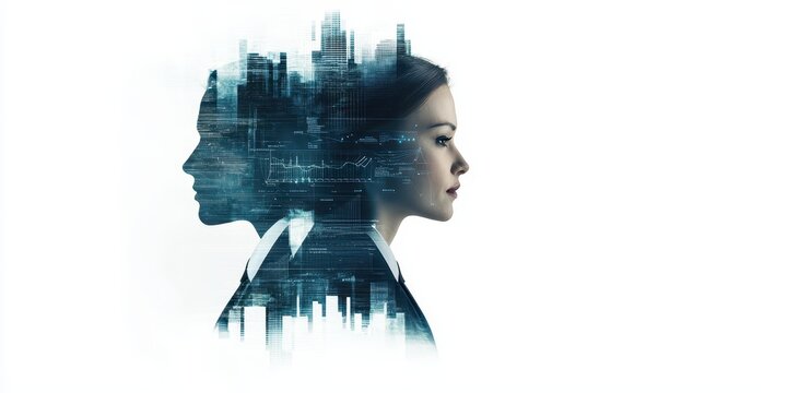 Business, Silhouettes digital concept. Double exposure of a man and woman with a city skyline overlay, symbolizing connection and urban life.