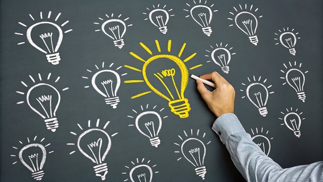 Hand Drawing Bright Ideas on a Blackboard, Showcasing Creativity, Innovation, and the Power of Conceptual Thinking in Problem Solving.