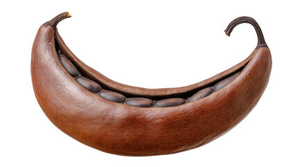 Carob pod isolated on transparent background with seeds inside showing natural texture