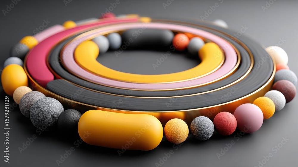 Poster circular object composed of multiple balls illustrating the concept of process flow and objective sy