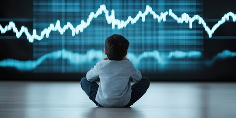 Business, Silhouettes digital concept. Child observing data visualization on a screen, intrigued by patterns and trends in technology.