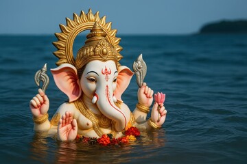 Ganesh visarjan background with ganesh statue in water.
