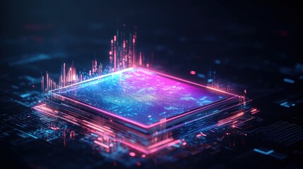 Obraz premium High tech computer processor chip with glowing digital circuitry and vibrant neon lighting effects