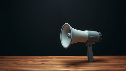 Megaphone on wooden surface symbolizing communication in a dark setting.
