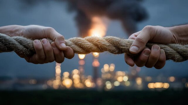 Two people are pulling on a rope. The rope is tied to a building. The building is in the background. tug-of-war rope: fossil fuel vs clean investment, dramatic lighting,oil exploration stocks