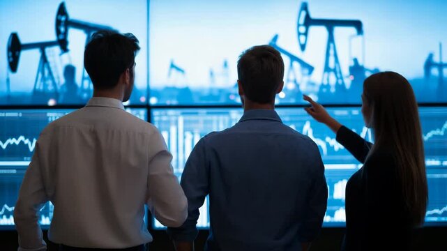 Three people are standing in front of a computer monitor displaying various graphs and numbers. silhouette of business team pointing at oil market dashboard on screen,oil exploration stocks - Powered by Adobe