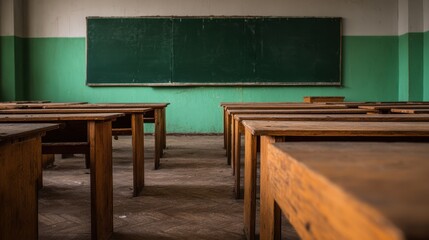 Empty classroom with wooden desks and green walls, featuring a chalkboard in the background