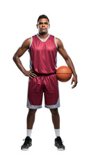 Dynamic Basketball Player in Uniform Holding a Ball Against a Black Background Ready for Action, PNG Isolated on Transparent Background
