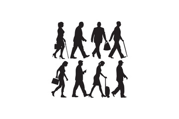 Obraz premium Silhouettes of diverse people walking in a row including businessmen businesswomen and travelers depicting concepts of movement diversity and urban lifestyle in a minimalist design