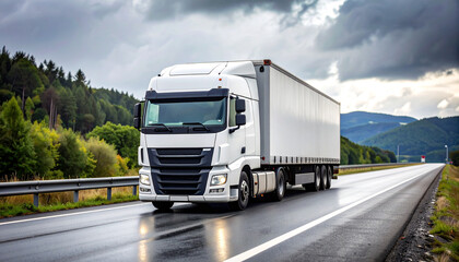 Open Road Ahead: A robust semi-truck speeds along a slick highway, its sleek design reflecting the overcast sky and the verdant hills. Capture the essence of long-haul journeys, industry.