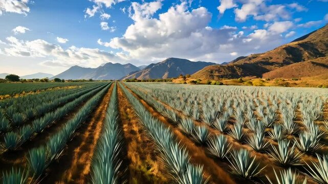 Vast agricultural landscape of rows of agave plants leading toward distant mountain range under bright blue sky with scattered white clouds.