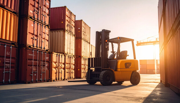 Cargo Handling at Sunset: A vibrant scene showcases a forklift amidst a stacked collection of shipping containers bathed in the warm light of the setting sun.