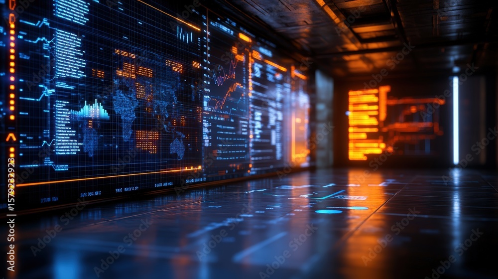 Poster futuristic data center with digital screens and high tech data visualization in modern environment