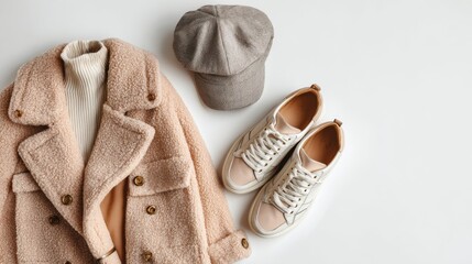 Flat lay of autumn women’s fashion outfit with warm coat, cap, and sneakers on white background.