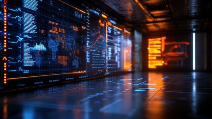 Futuristic Data Center with Digital Screens and High Tech Data Visualization in Modern Environment