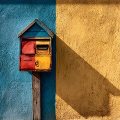 Vintage red and yellow mailbox on blue and yellow stucco wall art