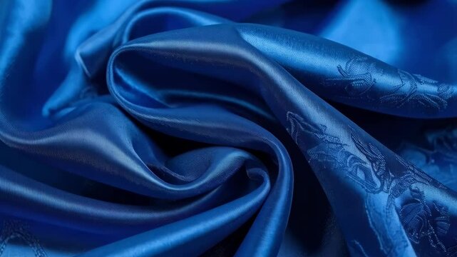 Elegant folds of luxurious blue fabric with subtle floral patterns, creating a rich texture for backgrounds and design projects.