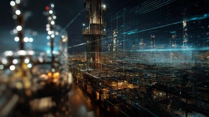 City skyline with a large building in the middle. The sky is dark and the buildings are lit up. editorial macro of oil refinery, abstract finance interface layered on top ,oil exploration stocks - Powered by Adobe