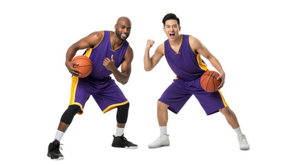 Two Enthusiastic Basketball Players Celebrating Their Victory on the Court While Holding Basketballs, PNG Isolated on Transparent Background