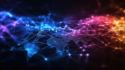 Fototapeta premium Vibrant digital network connecting global continents with colorful glowing lines and data points