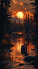 Bear in a Flowing River Surrounded by Nature While Fishing Wallpaper